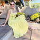 Yellow A Line Straps Satin Prom Dress Evening Dress with Bow SH2069
