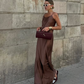 Simple Brown A Line Spaghetti Strap Satin Open Back Prom Dress Wedding Guest Dress SH4448