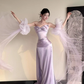 Romantic Purple Mermaid Bow Satin Tulle Long Prom Dress Formal Dress SH3666