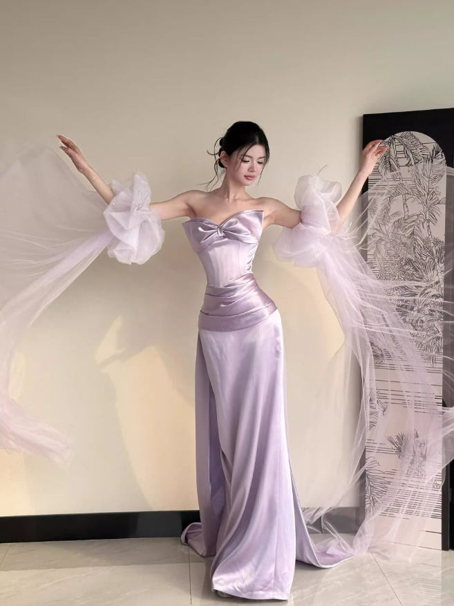 Romantic Purple Mermaid Bow Satin Tulle Long Prom Dress Formal Dress SH3666