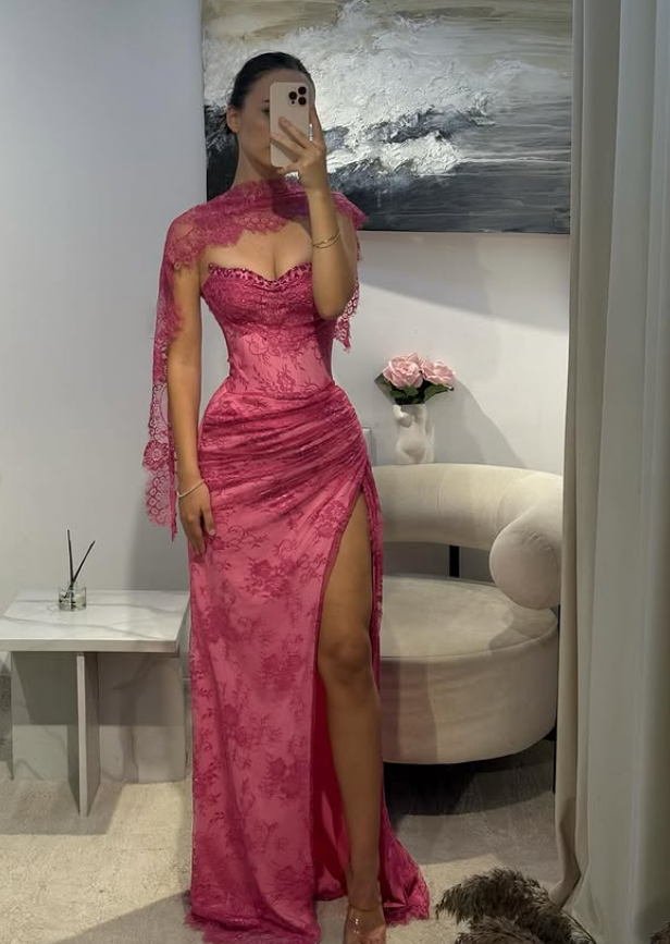 Pink A Line Sweetheart Neck Beaded Lace Prom Dress Evening Dress with Slit SH4438