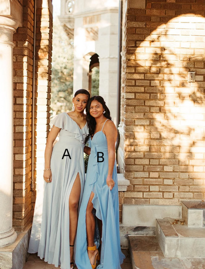 Gentle A Line Ruffle Blue Chiffon Evening Dress Bridesmaid Dress with Slit SH2703