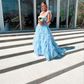 Light Sky Blue Princess Tulle Ruffle Straps Tiered Long Prom Dress SH740