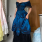 Vintage A Line Blue Satin Black Lace Prom Dress Evening Dress SH5901