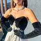 Classic Black-white A Line Strapless Beaded Velvet Satin Long Prom Dress Evening Dress SH6773