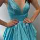 Beautiful A Line V Neck Blue Beaded Layered Satin Long Prom Dress Evening Dress SH6778
