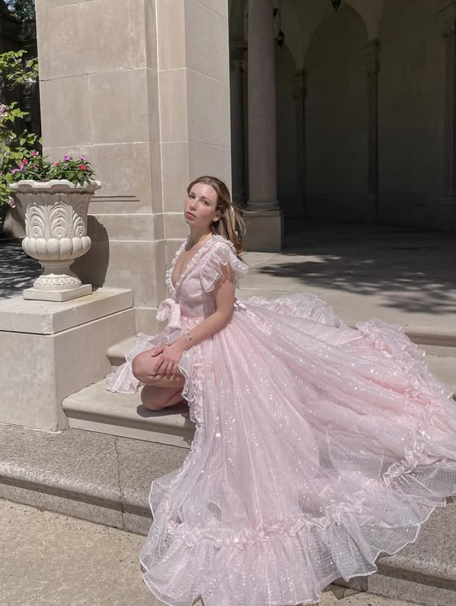 Stunning Light Pink A Line V Neck Tulle Prom Dress Outfits with Slit SH4867