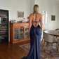 Navy Blue Sheath V Neck Satin Open Back Long Sweep Prom Dress Graduation Prom Dress SH2588