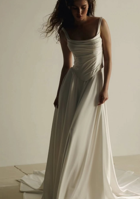 Classic Simple A Line Strap White Satin Long Wedding Dress SH7357