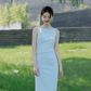 Baby Blue Sheath Round Neck Satin Prom Dress Evening Dress Party Dress SH4217