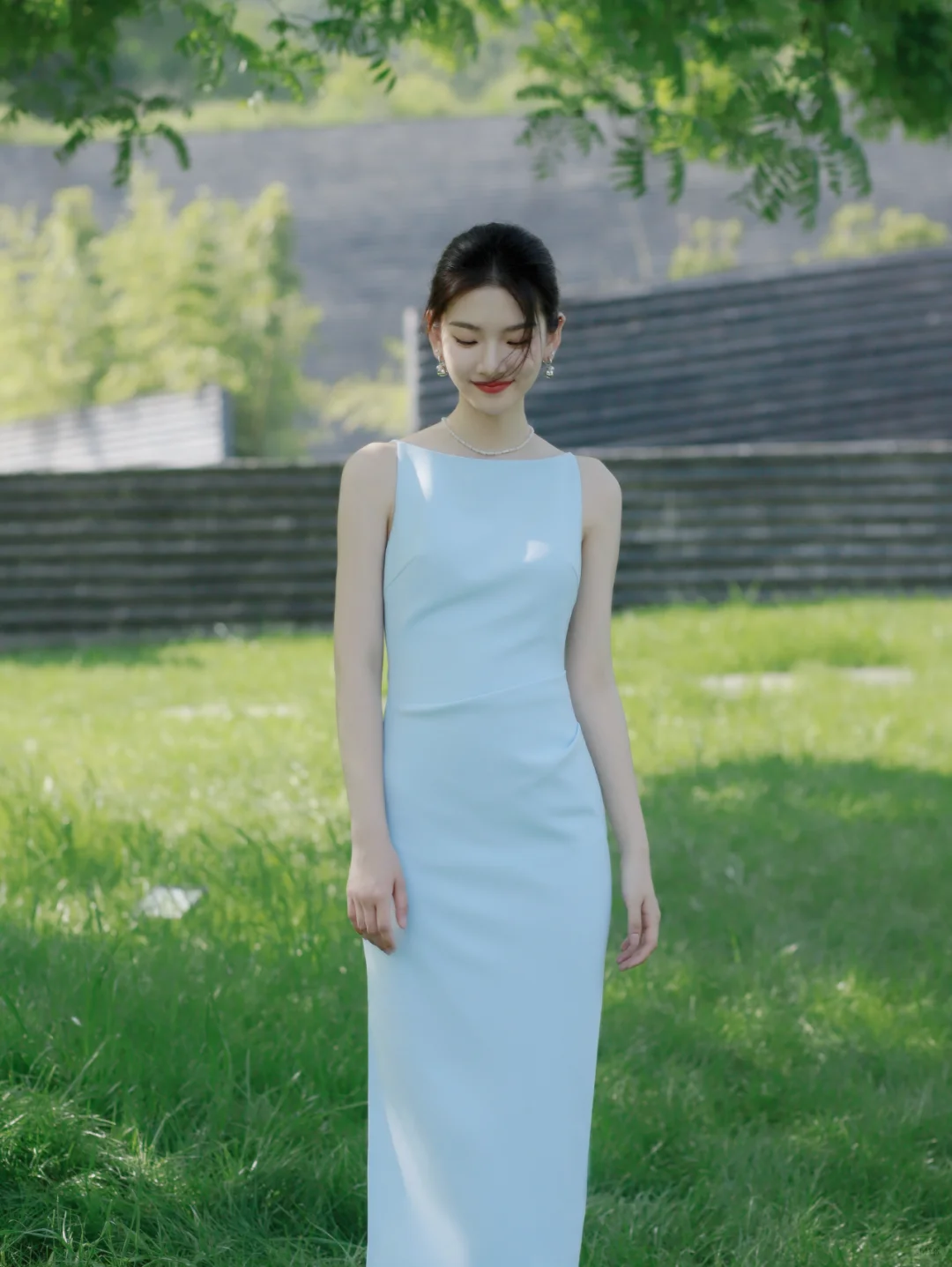 Baby Blue Sheath Round Neck Satin Prom Dress Evening Dress Party Dress SH4217