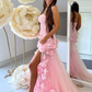 Charming Pink Strapless High Slit Flower Prom Dress SH717