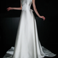 Backless Simple A Line White Beaded Lace Satin Long Wedding Dress SH5969