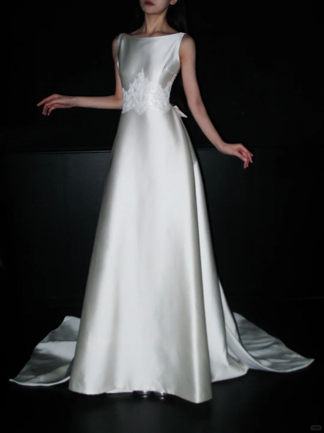Backless Simple A Line White Beaded Lace Satin Long Wedding Dress SH5969