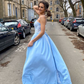 Light Blue Spaghetti Strapless Satin Lace Long Prom Dress,Elegant Evening Dresses SH854