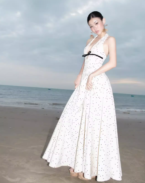 Retro A Line Halter Polka Dot Satin Open Back Prom Dress Evening Dress SH3113