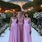 Pink A Line Spaghetti Straps Appliques Satin Long Prom Dress Evening Dress SH1787