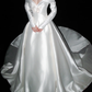 Elegant Ball Gown Long Sleeve Rose White Satin Long Train Wedding Dress SH6672