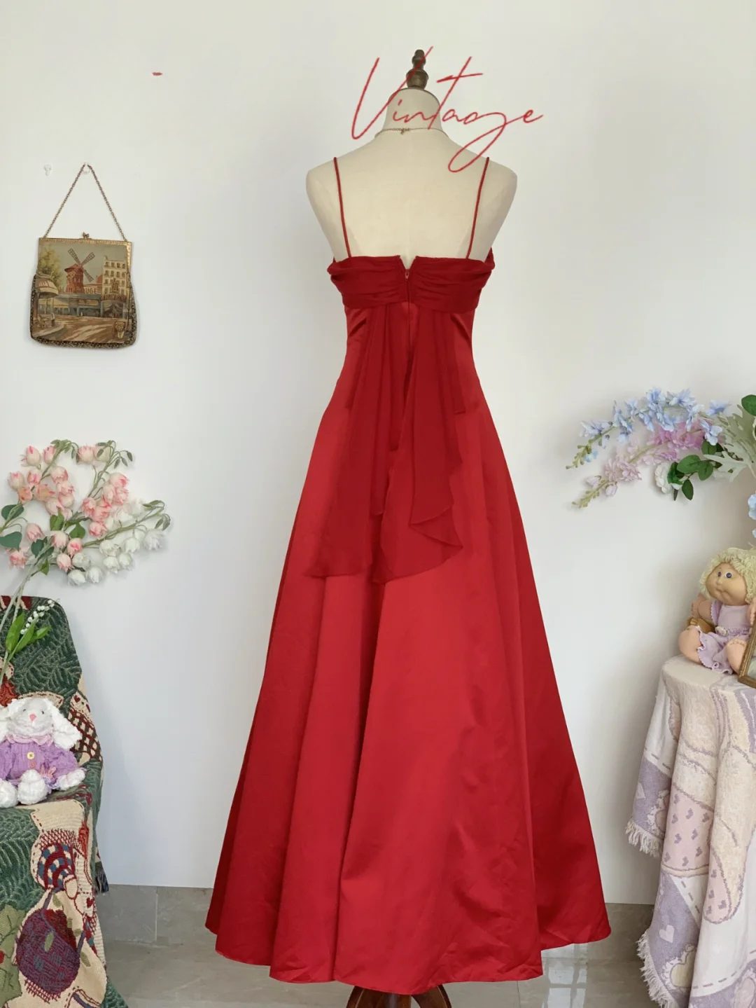 Vintage Red Simple A Line Spaghetti Strap Chiffon Satin Prom Dress Outfits SH4953
