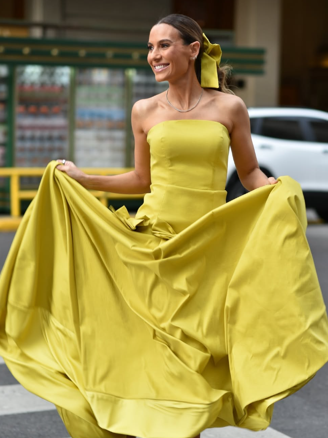 Pretty A Line Strapless Yellow Satin Prom Dress Evening Dress with Bow SH2089