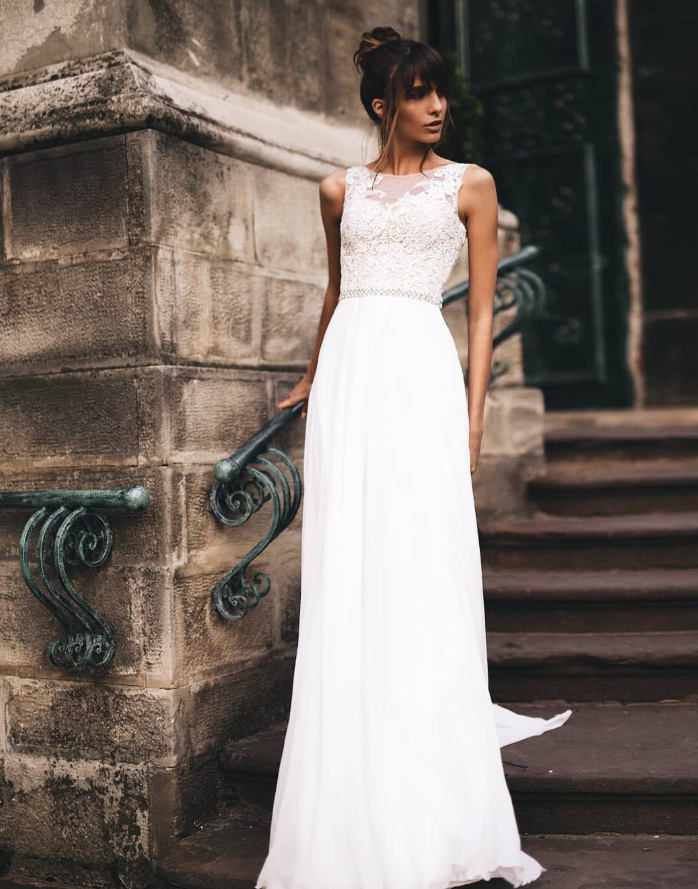 Beautiful A Line Exquisite Pearl Lace Chiffon Long Wedding Dress Prom Dress SH6039