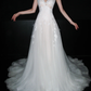 Beautiful Ball Gown V Neck White Lace Appliques Tulle Long Wedding Dress SH6673
