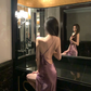 Sexy Purple A Line One Shoulder Satin Open Back Prom Dress Evening Dress Date Dress with Slit SH4905