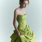 Charming Green Ball Gown Strapless Pleated Satin Prom Dress Formal Gown SH4307