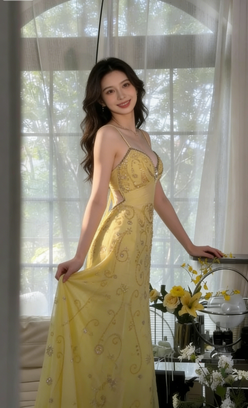 Gorgeous Yellow Spaghetti Strap A Line Chiffon Beaded Long Prom Dress SH2901