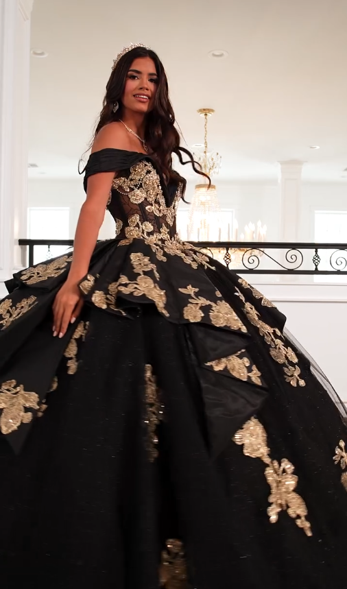 Black Ball Gown Gold Applique Beaded Tulle Long Prom Dress Quinceanera Dress SH5164