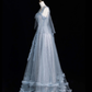 Shiny A Line Spaghetti Strap Blue Tulle Silver Sequin Long Evening Dresses Party Dresses SH2675