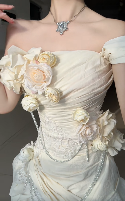 Light Yellow Rose Mermaid Off the Shoulder Pleated Lace Satin Prom Dress Party Dress SH5025