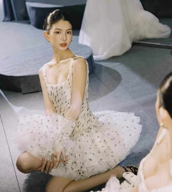 Polka Dot A Line Straps Pleated Chiffon Tulle Short Homecoming Dress Cocktail Dress SH3382