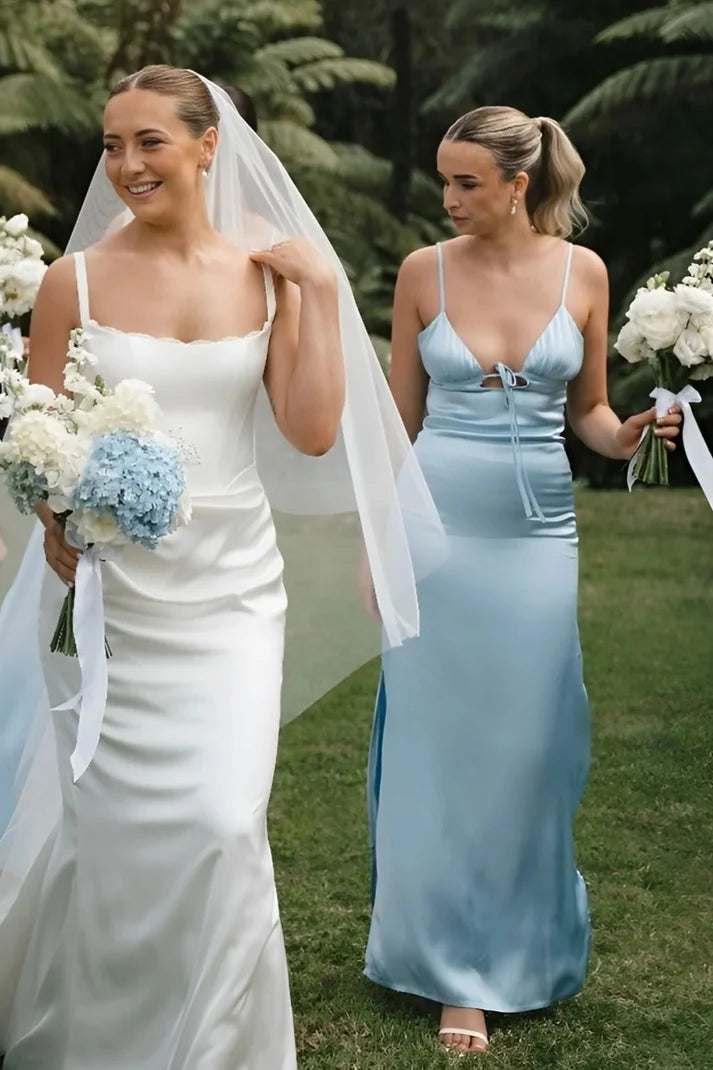 Pale Blue Mismatched Silk Satin Spaghetti Strap Long Bridesmaid Dresses SH5574