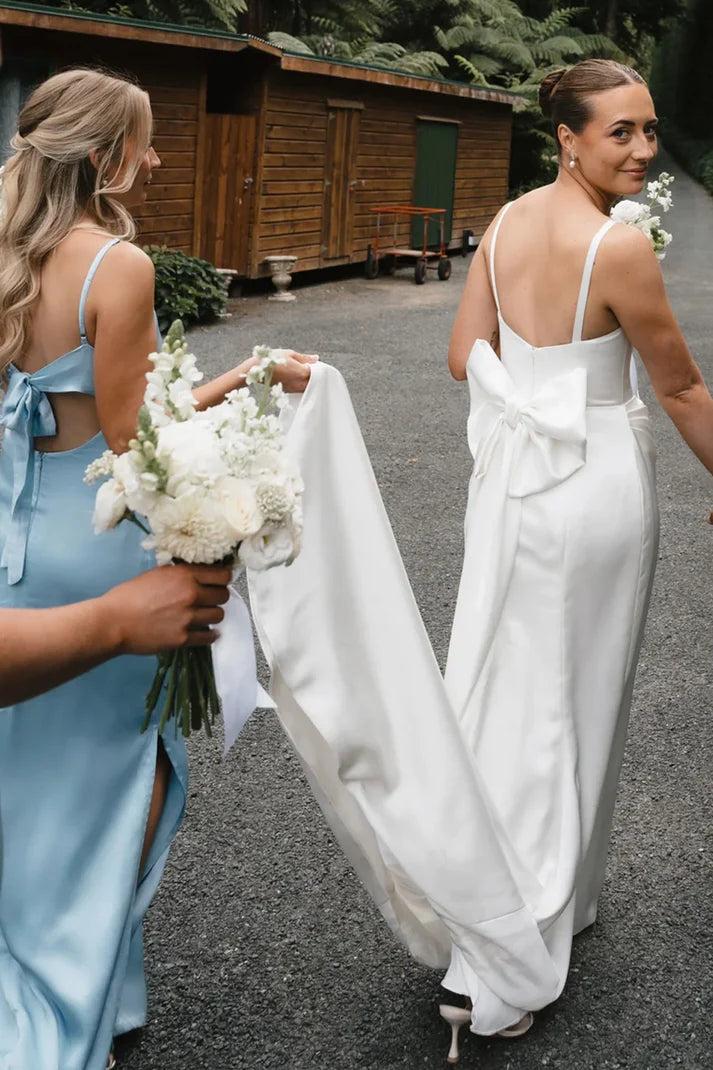 Pale Blue Mismatched Silk Satin Spaghetti Strap Long Bridesmaid Dresses SH5574