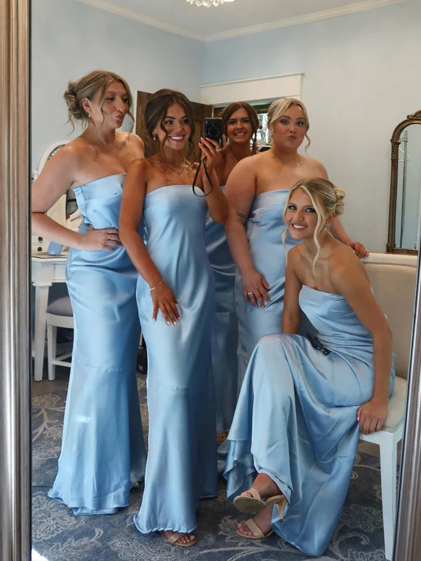 Pale Blue Silk Satin Strapless Simple Elegant Sheath Long Bridesmaid Dresses SH5572