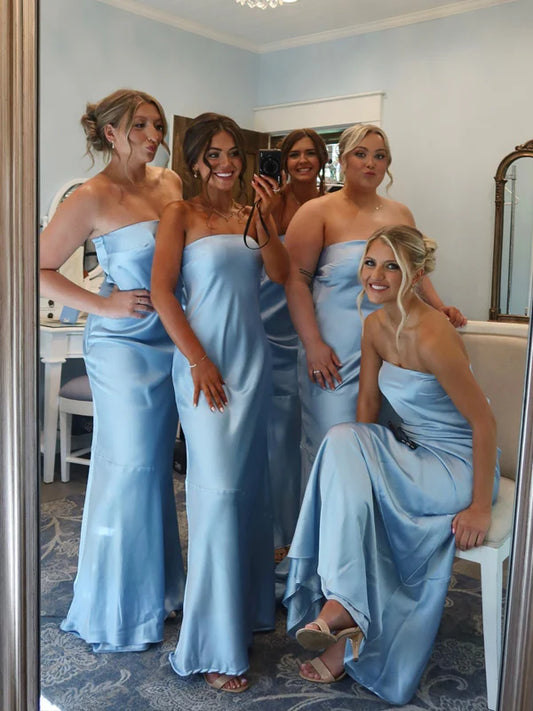 Pale Blue Silk Satin Strapless Simple Elegant Sheath Long Bridesmaid Dresses SH5572