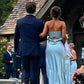 Pale Blue Silk Satin Strapless Simple Elegant Sheath Long Bridesmaid Dresses SH5572