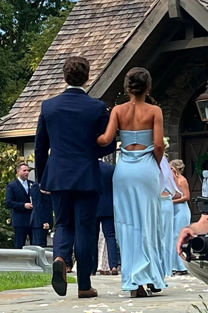 Pale Blue Silk Satin Strapless Simple Elegant Sheath Long Bridesmaid Dresses SH5572