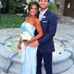 Pale Blue Silk Satin Strapless Simple Elegant Sheath Long Bridesmaid Dresses SH5572