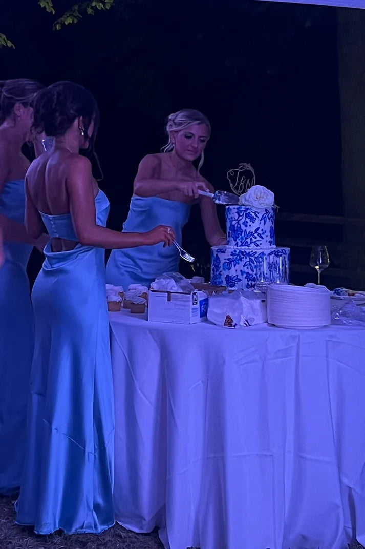 Pale Blue Silk Satin Strapless Simple Elegant Sheath Long Bridesmaid Dresses SH5572