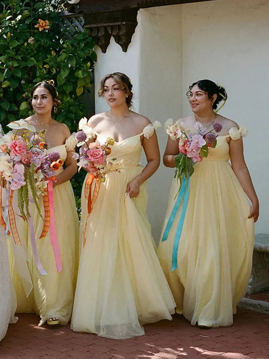 Pastel Yellow Floral A Line Straps Tulle Long Bridesmaid Dress  SH5571