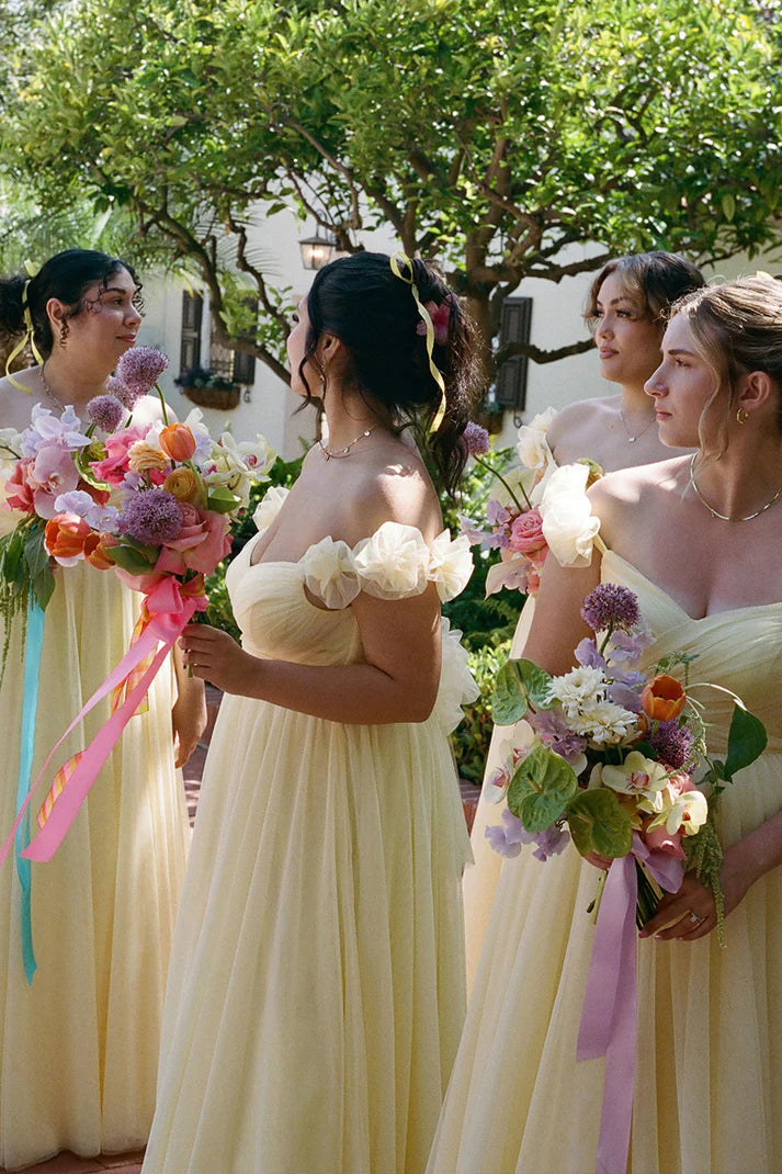 Pastel Yellow Floral A Line Straps Tulle Long Bridesmaid Dress  SH5571