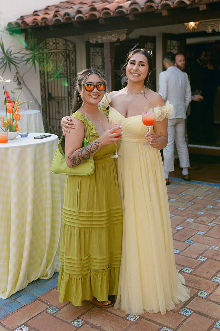 Pastel Yellow Floral A Line Straps Tulle Long Bridesmaid Dress  SH5571