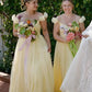 Pastel Yellow Floral A Line Straps Tulle Long Bridesmaid Dress  SH5571