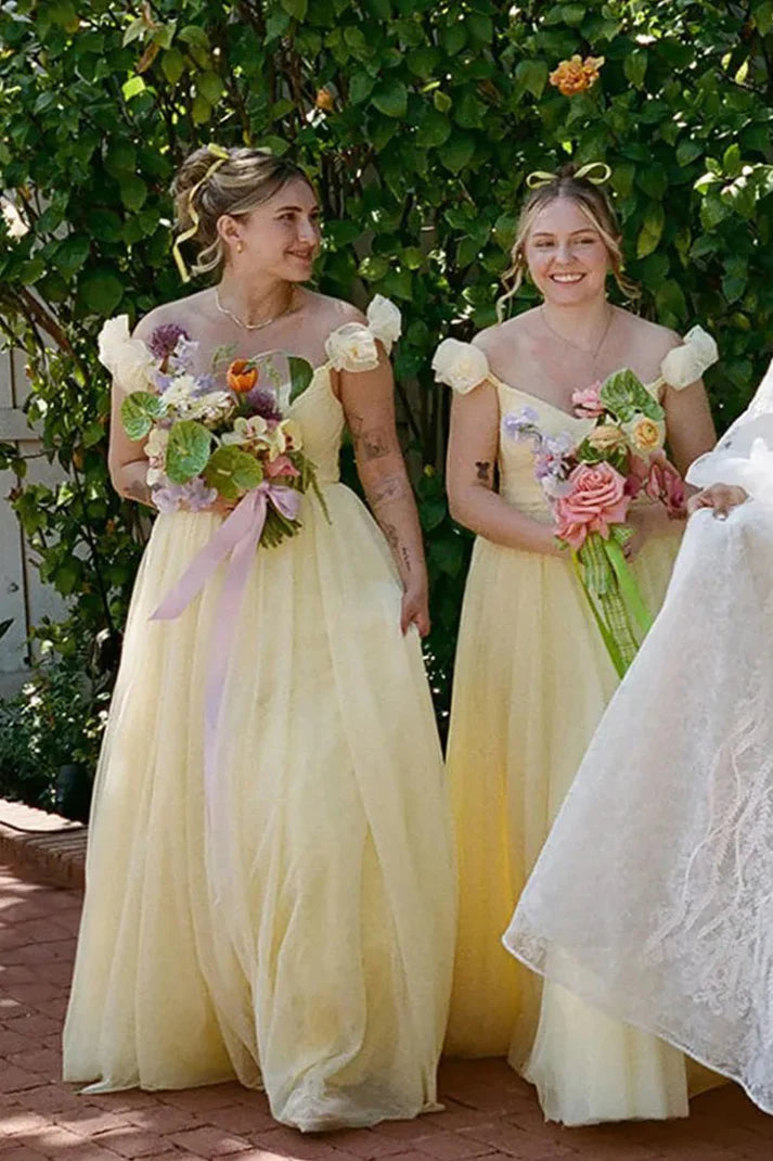 Pastel Yellow Floral A Line Straps Tulle Long Bridesmaid Dress  SH5571