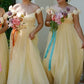 Pastel Yellow Floral A Line Straps Tulle Long Bridesmaid Dress  SH5571