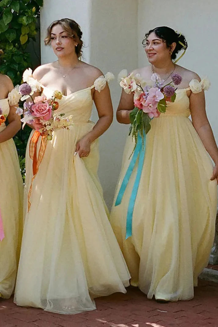 Pastel Yellow Floral A Line Straps Tulle Long Bridesmaid Dress  SH5571