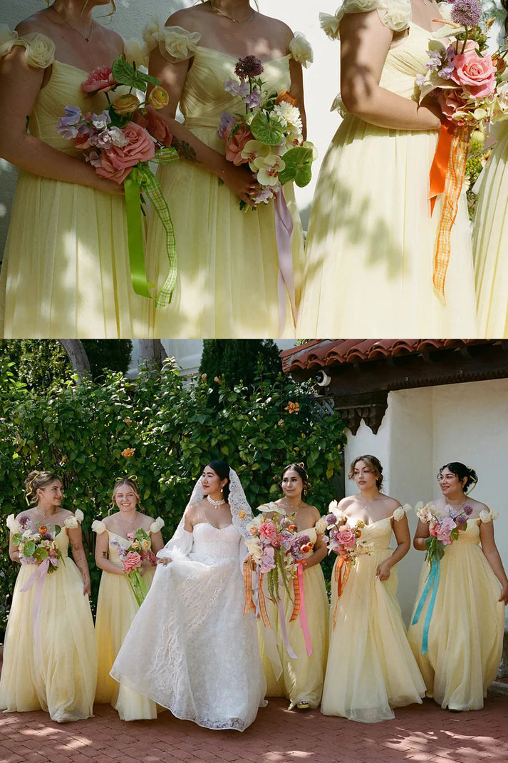 Pastel Yellow Floral A Line Straps Tulle Long Bridesmaid Dress  SH5571