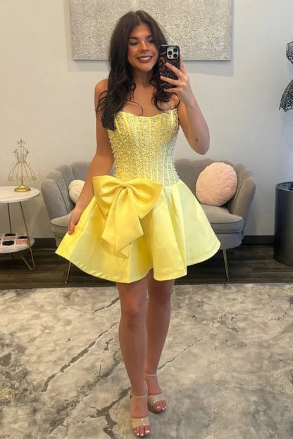 Pretty A Line Strapless Yellow Corset Homecoming Dress with Pearls Bowknot SH7819